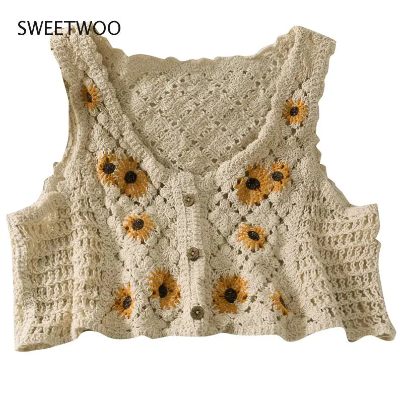 

Autumn flower embroidery French retro hollow out perspective top