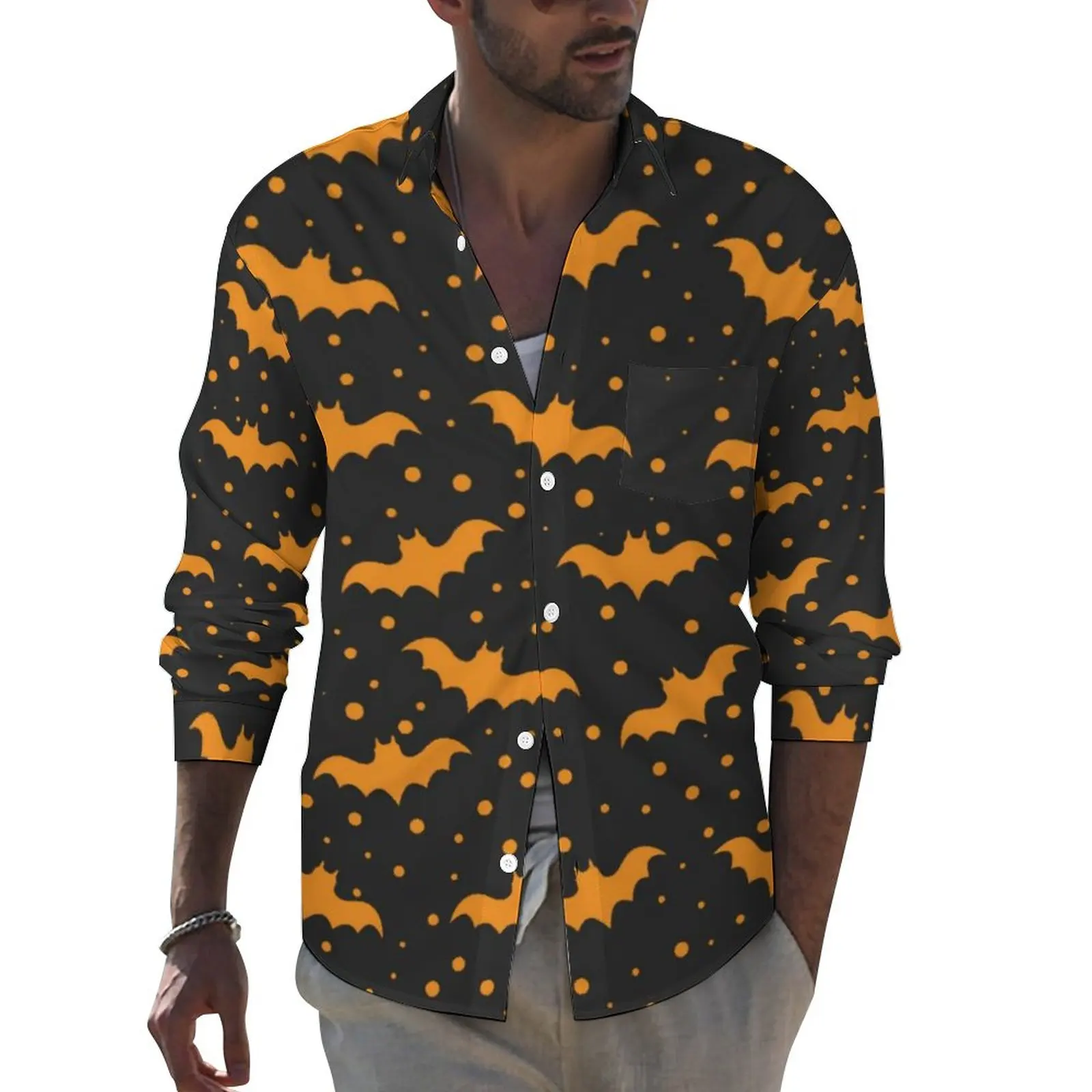 

Halloween Bat Shirt Autumn Orange Dots Print Casual Shirts Male Vintage Blouses Long Sleeve Graphic Funny Tops Plus Size