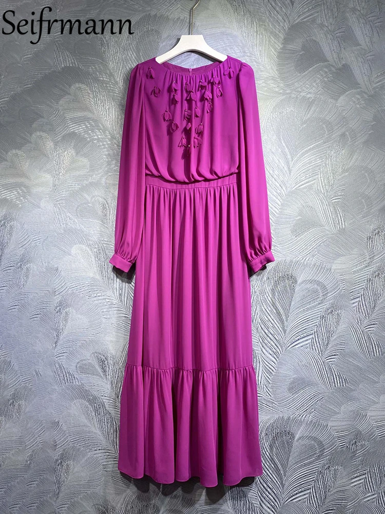 

Платье Seifrmann женское с рукавами-фонариками, модное дизайнерское длинное фиолетовое платье с великолепной аппликацией и оборками, лето