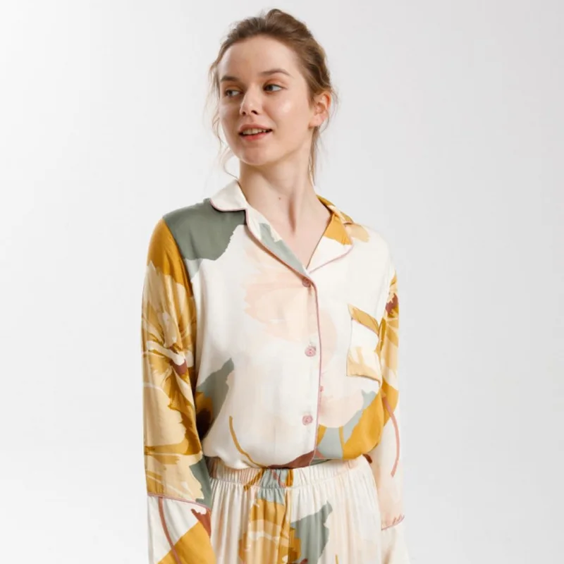 2022 New Spring Summer Satin-like Cotton Pajamas Set Women High Quality Pint Cardigan Homewear Full Sleeve Night Sleep Pants