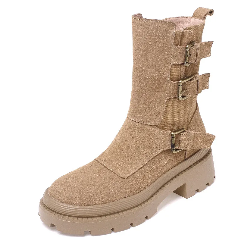 

Dilalula Four Season Women Ankle Boots New Metal Buckle Western Boots Cow Suede Leather Thick Heels Shoes Woman Outdoor Casual