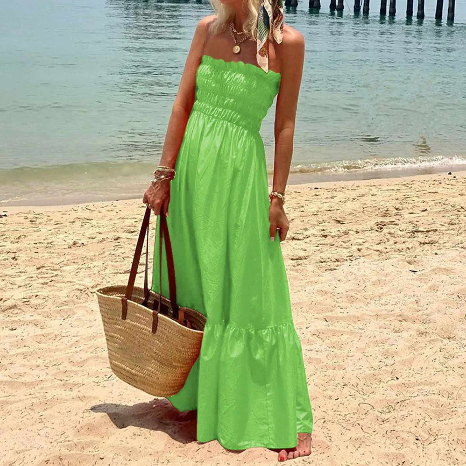 

Women Strapless Long Dress Elegant Off Shoulder Sleeveless Holiday Party Dress Vintage Summer Solid Slim A-Line Beach Dresses