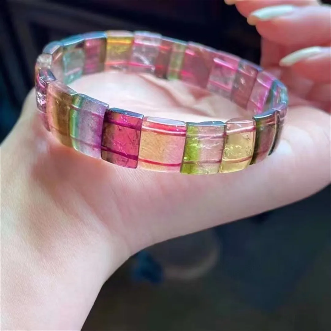 

Natural Rainbow Tourmaline Quartz Bangle Bracelet Jewelry For Women Lady Man Wealth Love Gift Healing Crystal 13x8mm Beads AAAAA