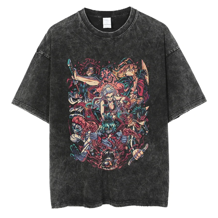 

Anime Washed Tshirt Demon Slayer T Shirt Nezuko Tanjirou T-Shirt Oversized 100% Cotton Tshirts Short-Sleeved Summer Black Top