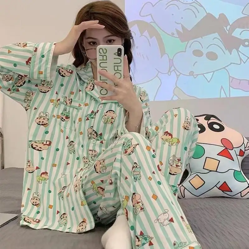 

Kawaii Anime Peripheral Crayon Shin-Chan Pajama Clothes Cartoon Cute Loose Long Sleeve Trousers Cardigan Homewear Set Girls Gift