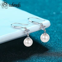 onelaugh 100 925 silver 9mm freshwater cultured pearl wedding hook earrings for women sparkling 0 3ct d color moissanite jewery