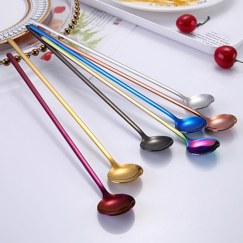 

Rainbow Color Coffee Tea Stir Spoon Long Handle Ice Cream Dessert Spoons Eco-Friendly Stainless Steel Tableware Kitchen Supplies