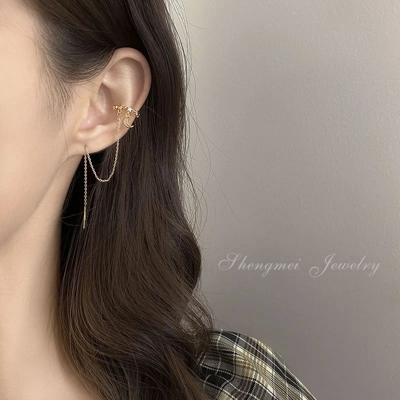 

Shiny Star Moon Tassel Rhinestones Women No Pierced Ears Ear Cuff Clip Gold Personality Simple Fashion Elegant Jewelry Earrings