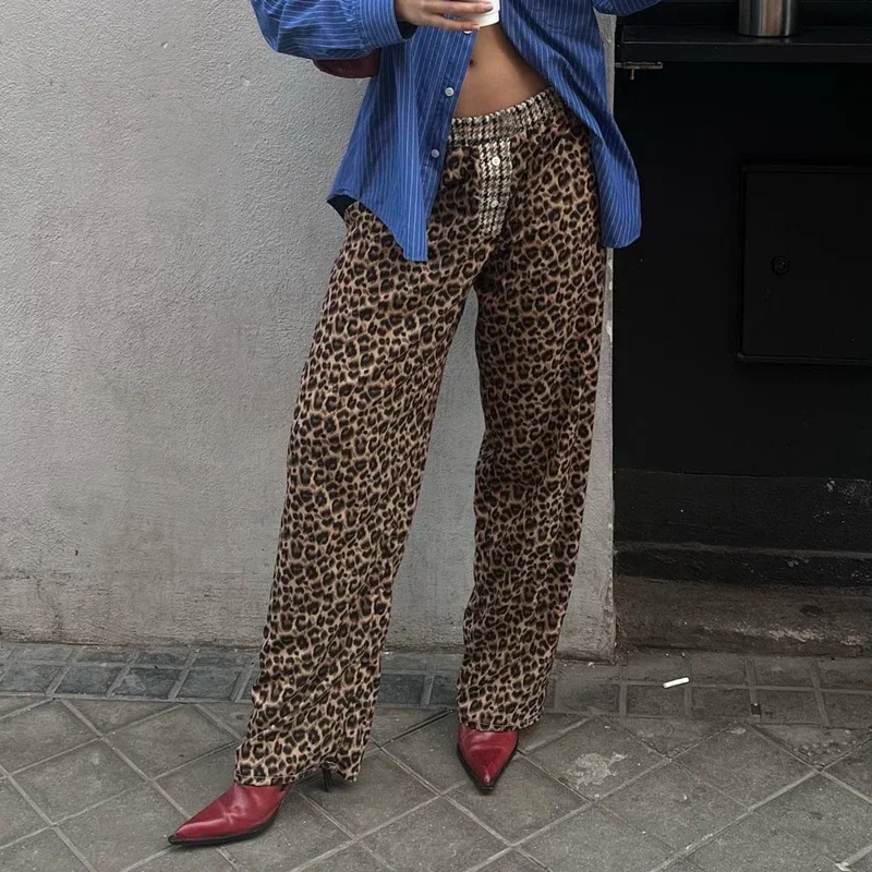 Y2K Boyfriend Trousers Leopard Print High Waist Long Pants Retro Women Chic Fashion Wide Leg Vintage Grunge Streetwear