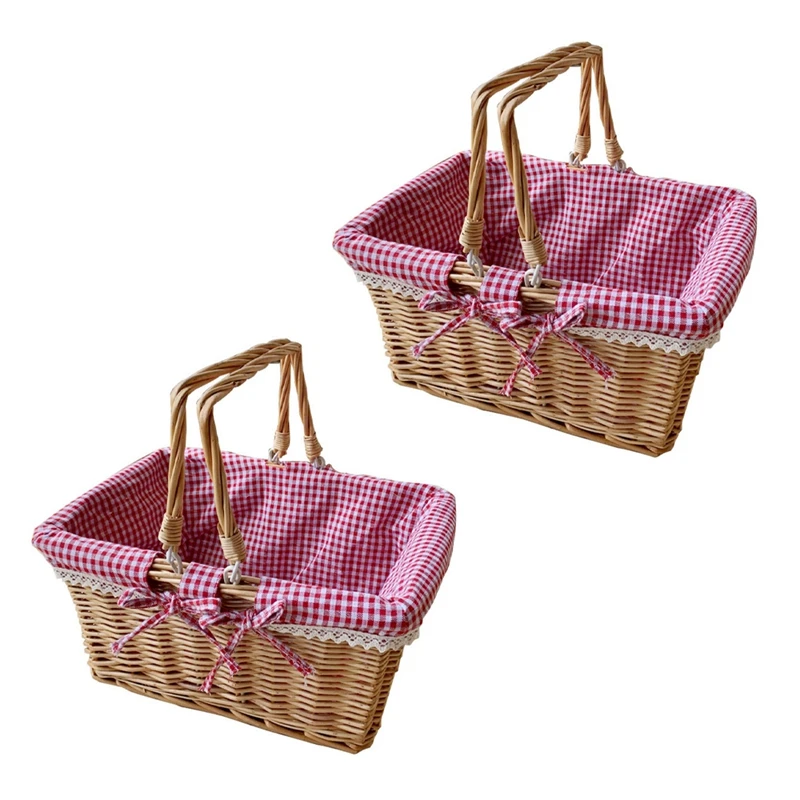 

2X Picnic Basket, Woven Natural Wicker Basket With Double Handles And Cloth Lining For Sundry Container Fruit Storage