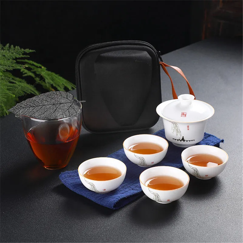 

Китайский чайный горшок кунг-фу, керамический портативный чайный набор с одной чашкой и двумя чашками, уличный дорожный чайник Gaiwan, офисные чайные чашки, посуда для напитков