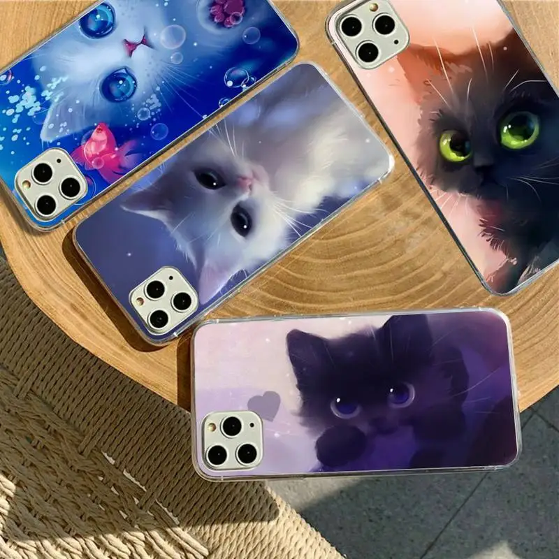 

RuiCaiCa Cute Cat Cartoon Phone Case for iPhone 11 12 13 Mini Pro Max 8 7 6 6S Plus X 5 SE 2020 XR XS Case shell