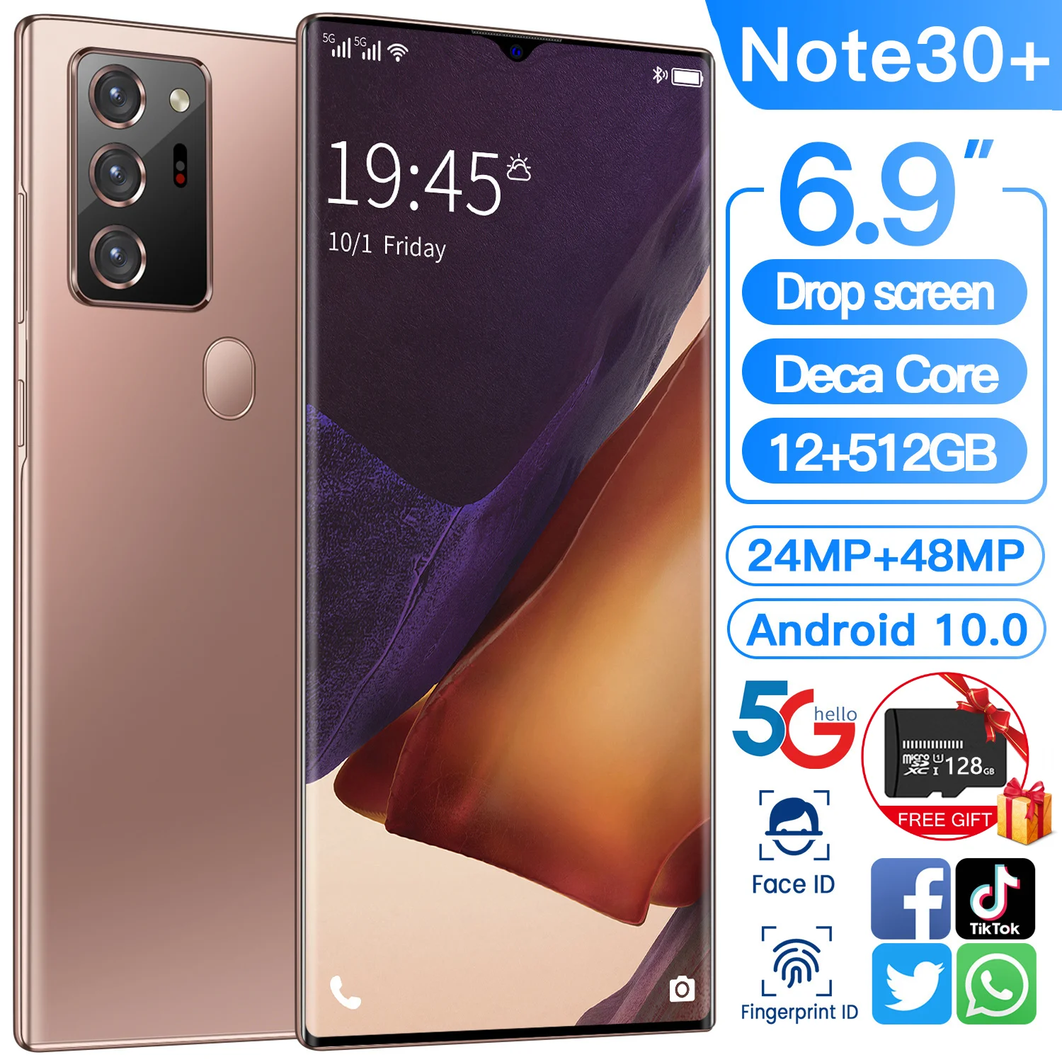 

Global Version New Ultra-thin Fingerprint Unlock 5G Smartphone 12+512GB for Samsung Galaxy Note30+ Mobile Phone Huawei Cellphone