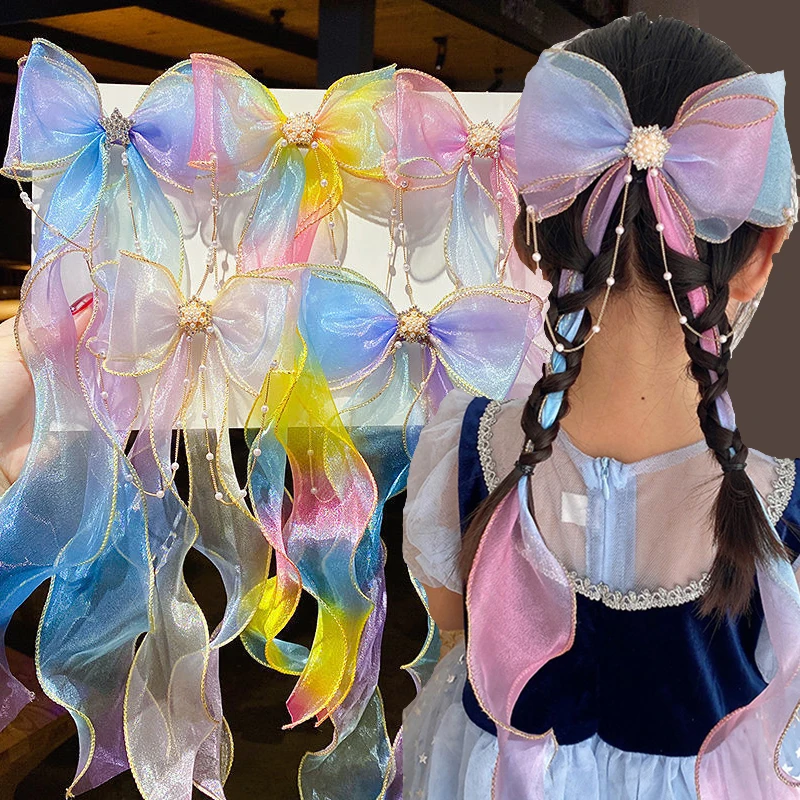 

Korean Kids Baby Children Braided Hair Accessories Gradient Rainbow Color Big Bow Princess Streamer Braided Hairpin Headdress