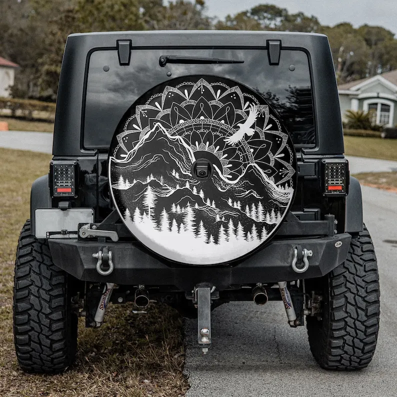 

Mandala Sunrise Moutain Wild Camper Truck, Gift For Jeep Lover, Spare Tire Cover For Car, Personalized Camper Tire Cover,