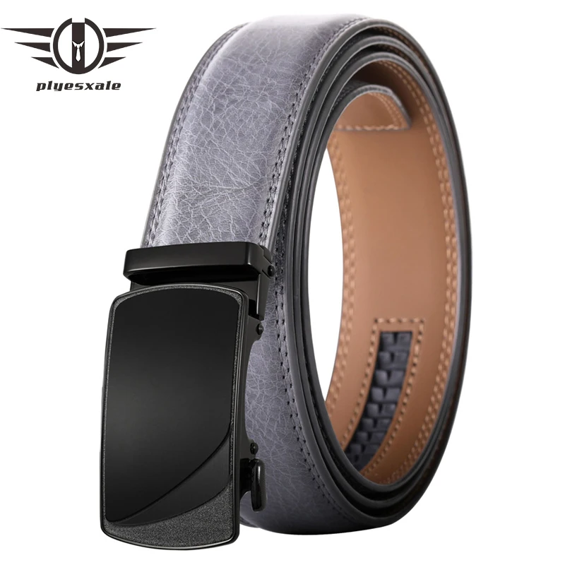 Plyesxale Mens Business Belt Brown Gray Cowhide Automatic Buckle Ratchet Formal Style Genuine Leather Trouser Belts Male B652