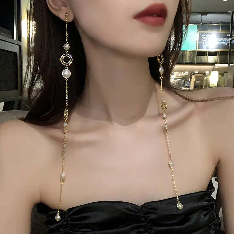 

S925 Silver Needle Super Long Pearl Tassel Earrings Women's Net Red Long Earline Earrings Wedding Prom Luxury Temperament Women