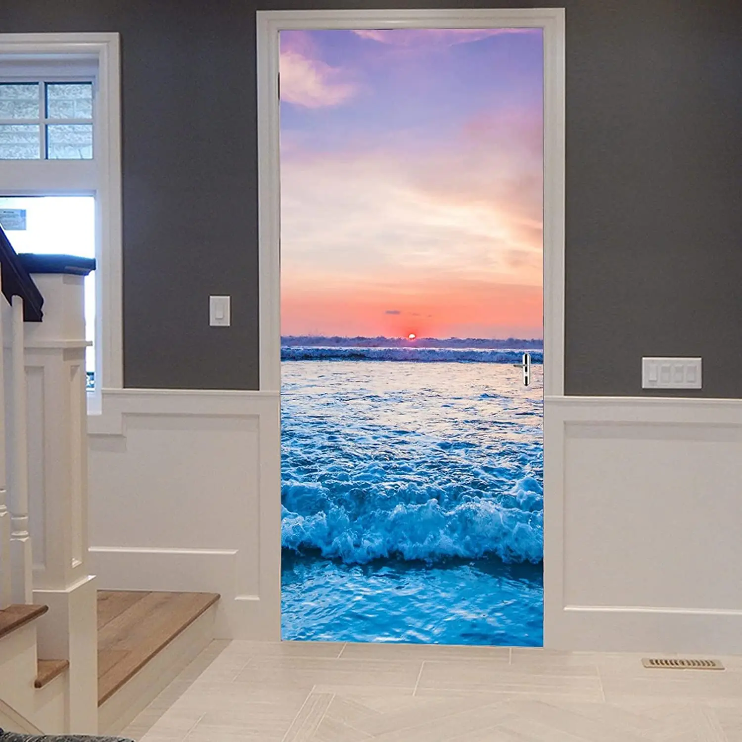 Фиолетовое небо наклейка на дверь приморской двери фэнтезийный океан пейзаж