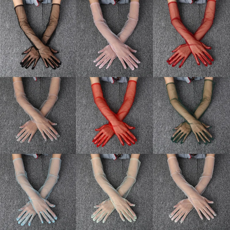 

Long Elbow Length Finger Multicolor Bridal Gloves Semi Sheer Soft Tulle Wedding Gloves Guantes de Encaje ST208