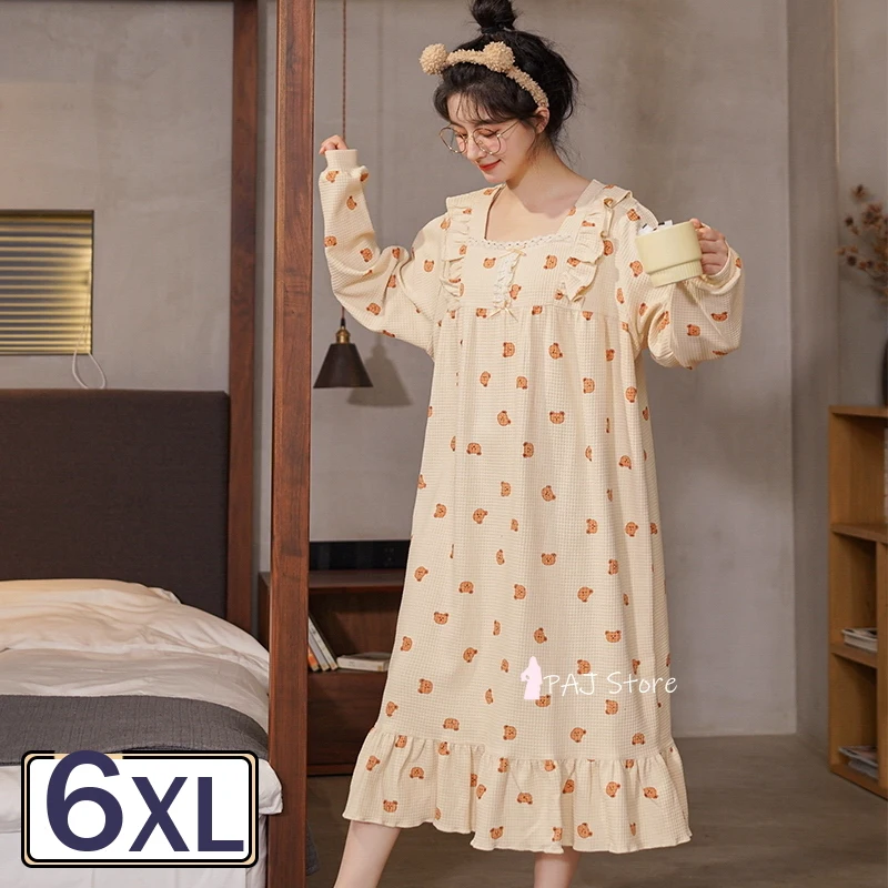 

Women Mid Calf Nightgown Autumn Solid Long Sleeve Loose 5X Large Size Night Dress Korea Nightwear Gowns for Ladies Free Shipping