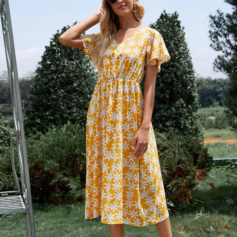 Vestidos Women Elegant A Line Floral Print MIdi Drsss Butterfly Short Sleeve V Neck Sundress Female High Waist Beach Party Dress | Женская