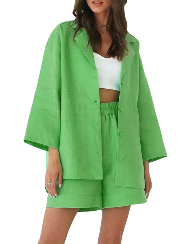 

CHRONSTYLE Women Casual 2 Pieces Suits Solid Lapel Collar Button-down Shirts Tops Elastic High Waist Loose Slim Fit Shorts Pants