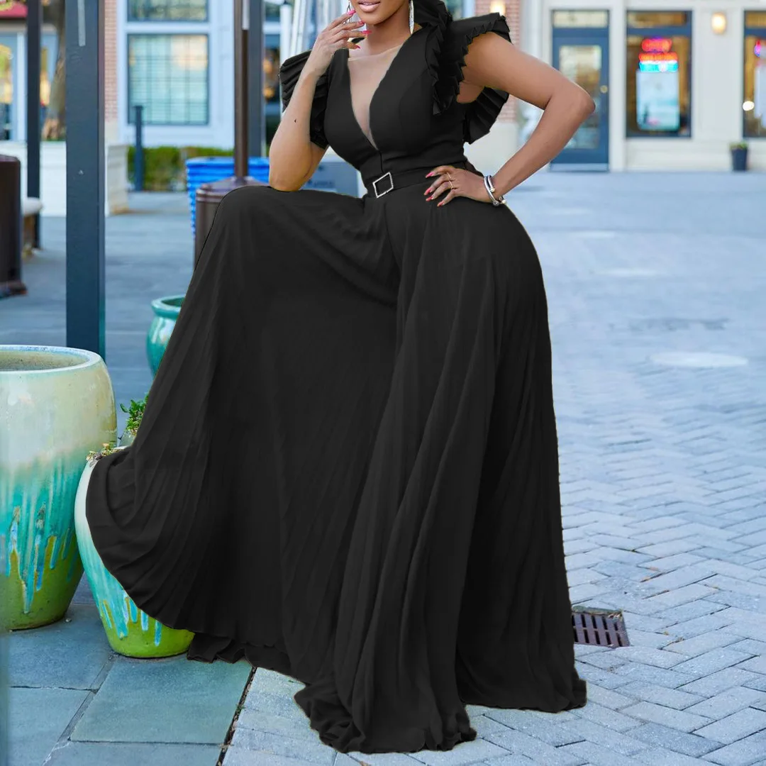 Plus Size Women Long Jumpsuit Puff Sleeve V Neck One Piece Cloth 2023 Summer Fashion Elegant Jumpsuits Female Wide Leg Pants