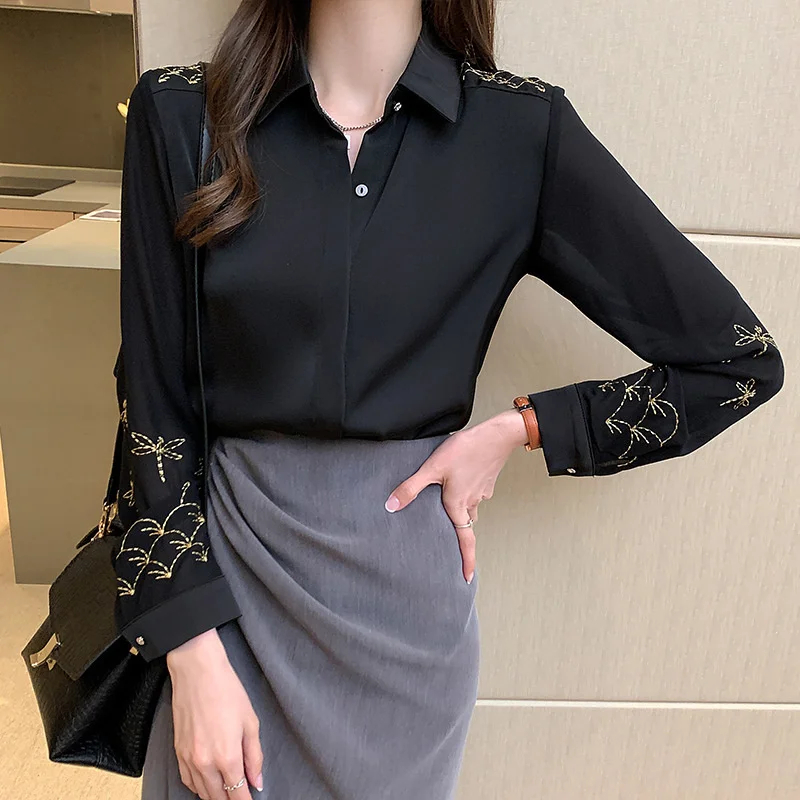 

Lady Summer women's clothing Profession Chiffon Blouses Shirts Embroidery Long Sleeve Turn-down Collar Lace Decor Blusas Tops