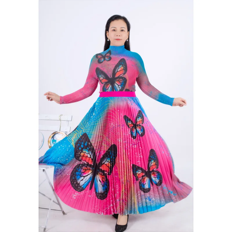 

Miyake Pleated Spring Autumn New Butterfly Print Corn Pleated Long Sleeve Pleated Dress Fashion Large Size Dress Set Clothing