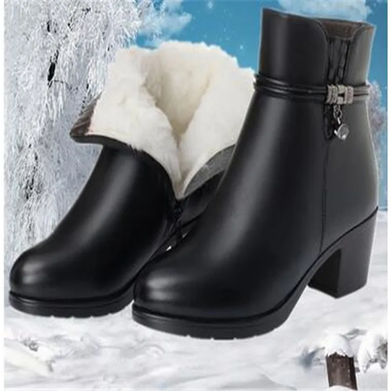 

2023 NEW Fashion Soft Leather Women Ankle Boots High Heels Zipper Shoes Warm Fur Winter Boots for Women Plus Size 35-43