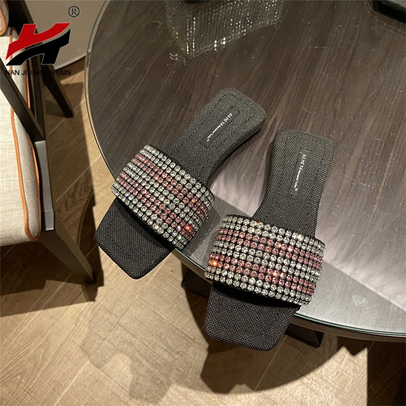 

2022 Summer Flat Slippers Women Rhinestones Sandals Square Toe Beach Slippers Woman Plus Size 42