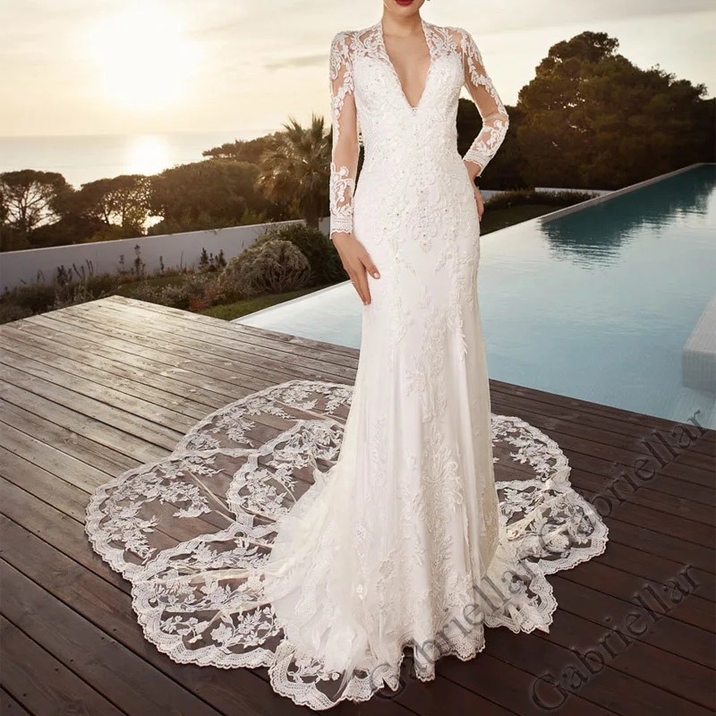 

Gabriellar Deep-V Mermaid Wedding Dress Princess Buttons Exquisite Appliques FullSleeve Mopping Gown Vestido De Novia 2022 Women