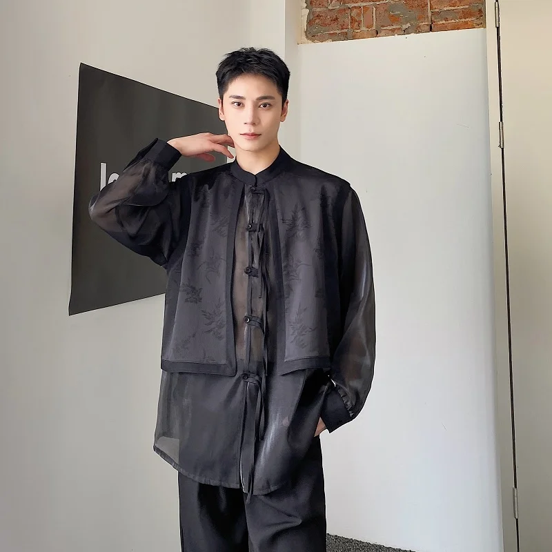 

SYUHGFA 2023 Summer Chinese Style Stand Collar Long Sleeve Shirt For Men Jacquard Fake Two Pieces Loose Casual Shirts Tops