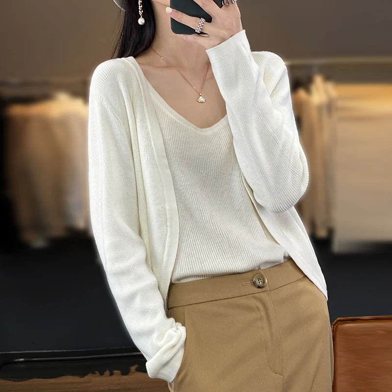 

Long-Sleeved Knitted Cardigan Women's Coat Sweater Spring And Summer New Shawl Sun-Proof Blouse Joker Little Shirt Woman