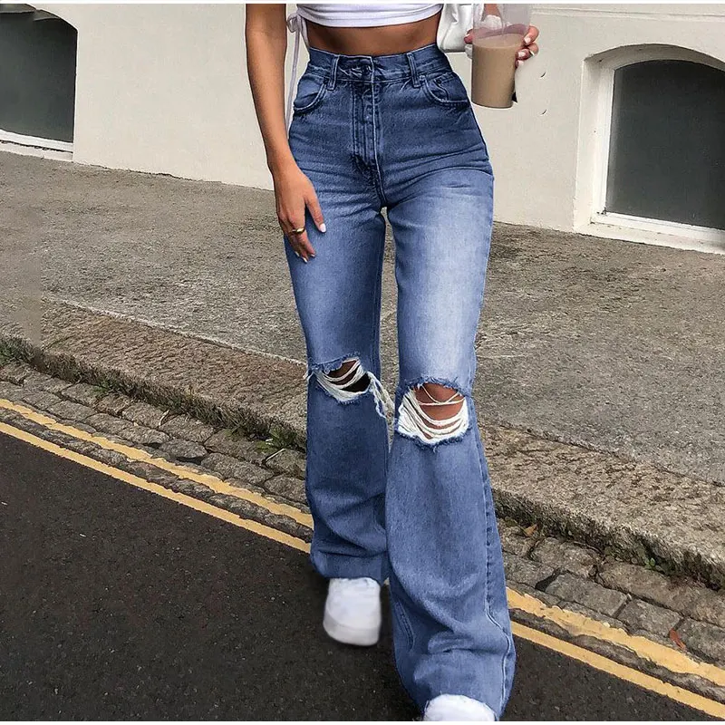 

2021 Women Ripped Jeans High Waist Vintage Wide Leg Y2k Denim Pants Casual Fashion OL Tassel Baggy Streetwear Jeans for Women