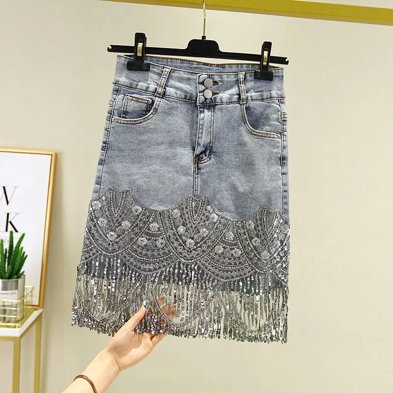 denim skirt women's summer bag hip skirt fashion sequins tassels high waist spring new style  tennis skirt  Casual  empire