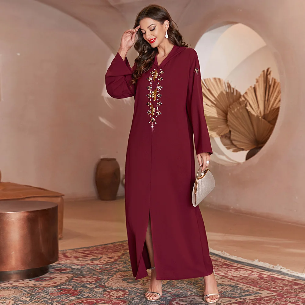 Eid Women Abaya Dubai турецкий марокканский кафтан кардиган с капюшоном халат Стразы Бисер Средний Восток платье для выпусквечерние вечера Исламска...