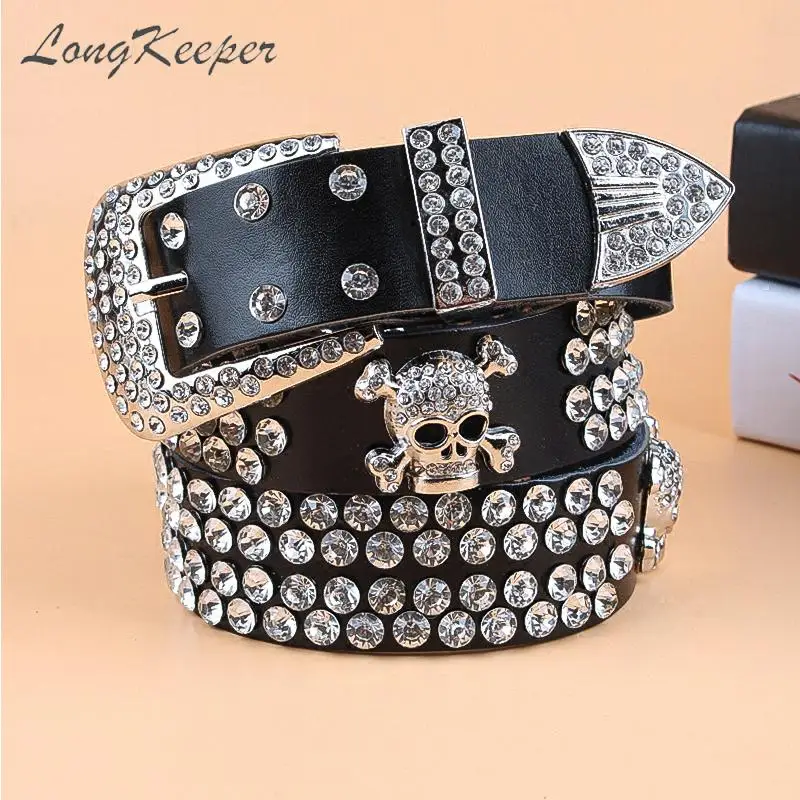 Women Y2K Bling Bling Rhinestones Belt Girls Skull Belts Second Layer Cow Skin Top Quality Strap Female For Jeans free shipping
