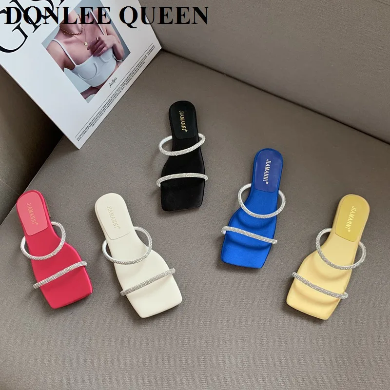

2022 New Brand Slippers Women Flat Casual Ladies Slides Bling Rhinestones Heels Sandals Narrow Band Summer Shoes Sandalias Mujer