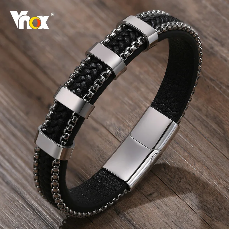 

Vnox 3-5 Beads Leather Bracelet for Men, Black Layered Braided Leather Bangle with Box Chain Wistband, Gentle Jewelry Gift