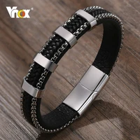 vnox 3 5 beads leather bracelet for men black layered braided leather bangle with box chain wistband gentle jewelry gift