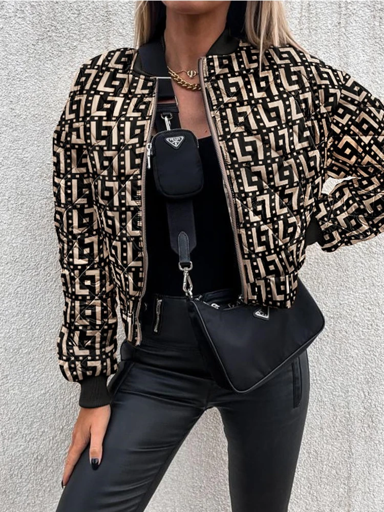 

Женская Стеганая куртка на молнии, универсальная Повседневная Элегантная куртка с геометрическим принтом в Корейском стиле, осень 2022