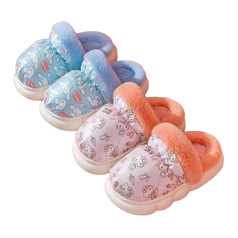 

HelloKittys хлопковые тапочки Нескользящие теплые милые домашние тапочки Kawaii Sanrios Cinnamoroll осенние и зимние меховые тапочки для девочек