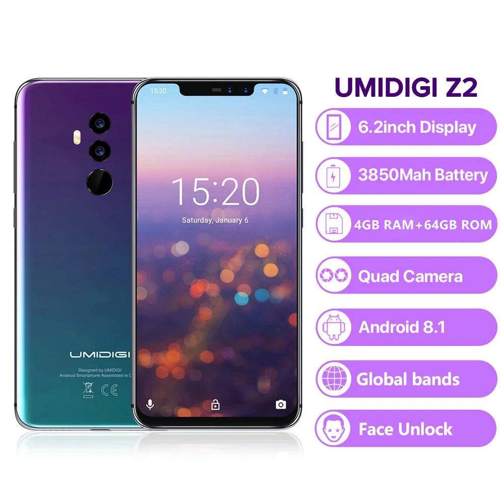

UMIDIGI Z2 смартфон с 5,5-дюймовым дисплеем, восьмиядерным процессором Helio P23, ОЗУ 4 Гб, ПЗУ 64 ГБ, Android 6,2, 8,1 мАч