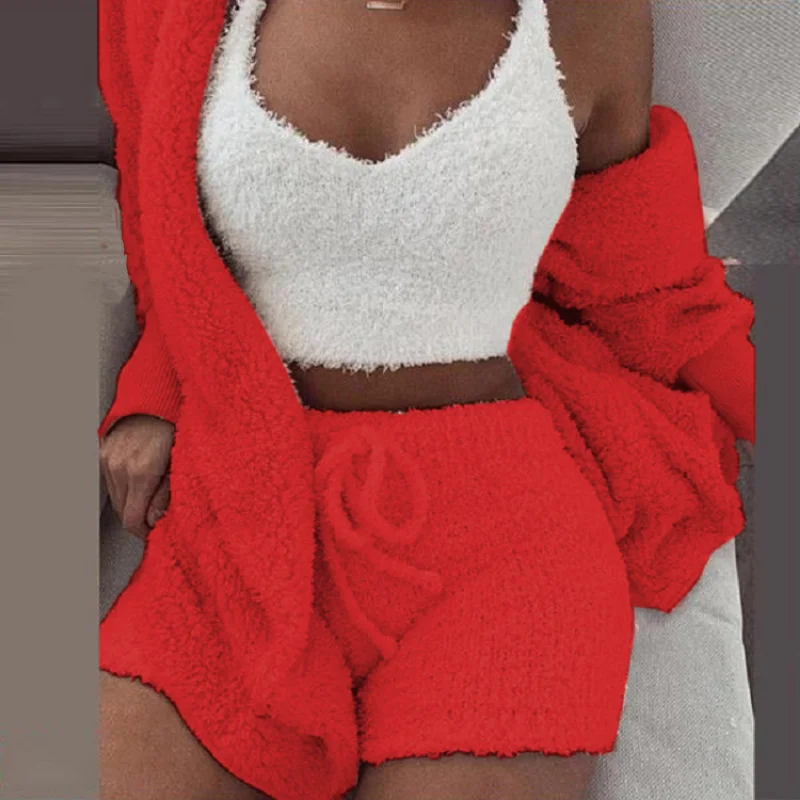 Pajama for Women's 2023 Winter Plush Home Wear Casual 3-piece Pajama Long Sleeved Open Navel Vest Shorts Set