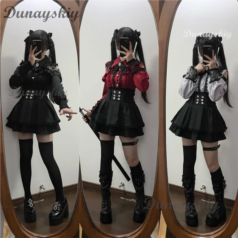 Фото Jirai Kei Lolita, наряд для девочек, рубашка с длинными рукавами и бантом, комплект с юбкой, женский Kawaii Y2K, японская эстетичная повседневная одежда №4