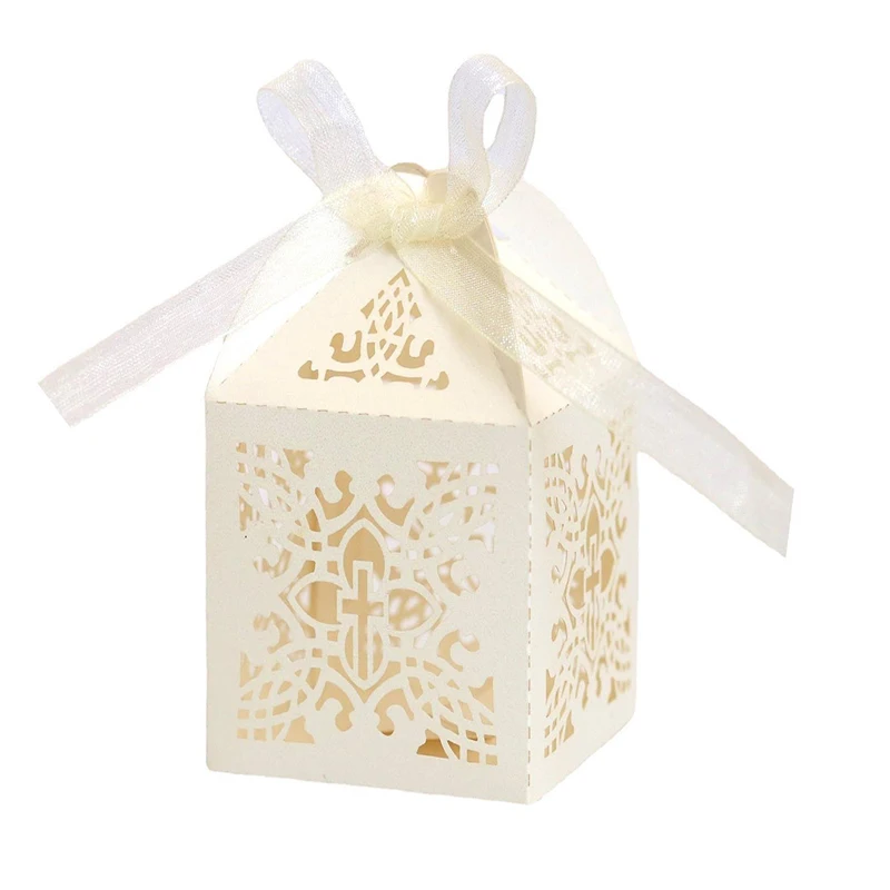 

50pcs Laser Hollow Cross Candy Gift Box with Ribbon Packaging Box for Christening First Communion Easter Baptism Birthday Party