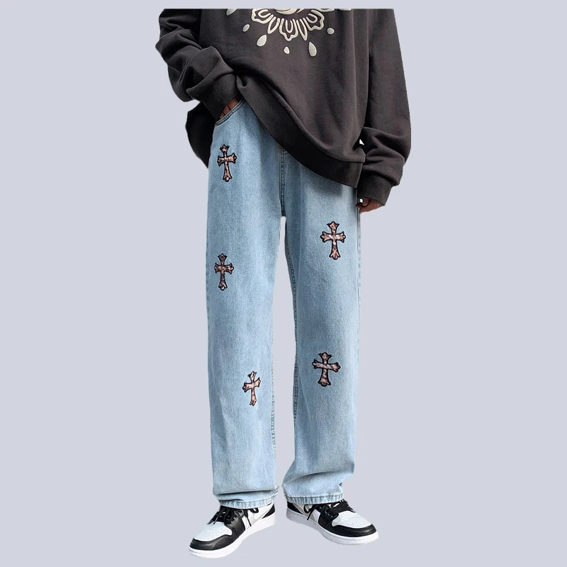 Fashion Brand Cross Print Jeans Men's Trendy Casual Straight Loose Wide-leg Pants Hip-hop Street Men's Trousers  mens jeans