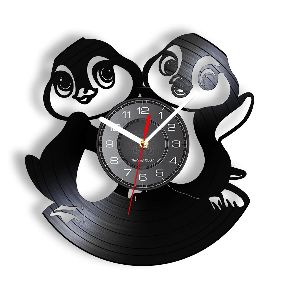 Nursery Animal Wall Art Wall Clock Baby Penguins Vinyl Record Wall Clock Penguin Family Kids Room Decorative Clock Penguin Gift