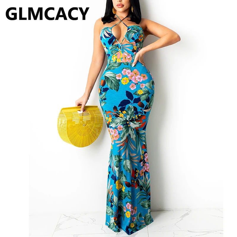 

Halter Backless Floral Printed Maxi Dress Elegant Evening Party Formal Dress
